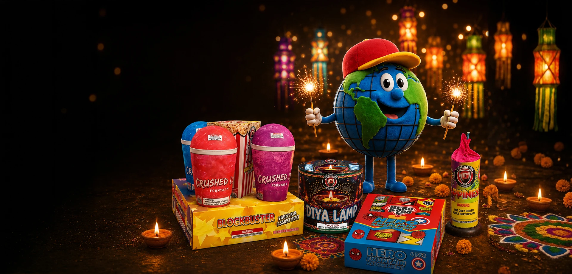 Boomer celebrating Diwali with fireworks, diyas, and lanterns