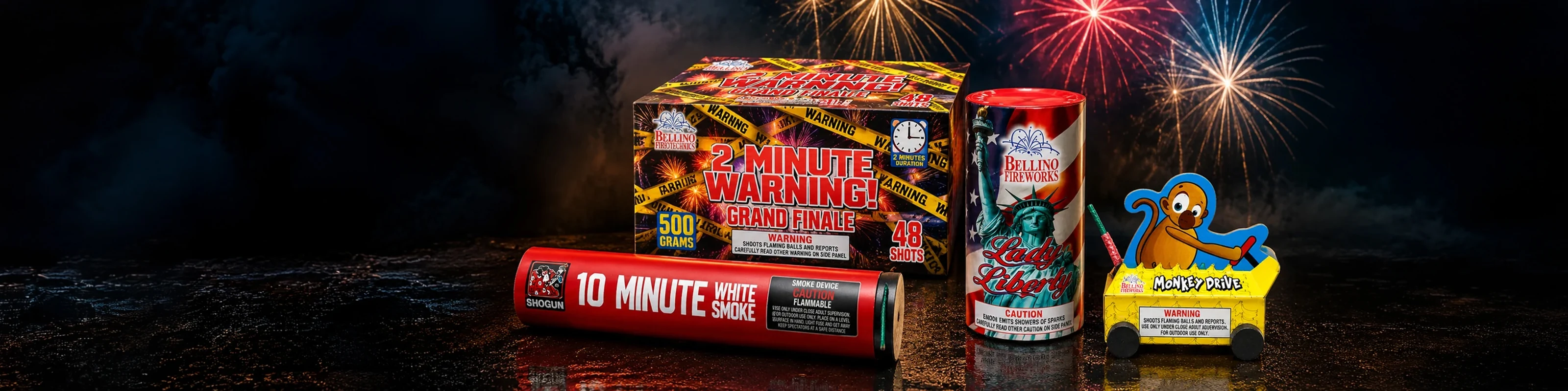 Bellino and Shogun fireworks — 2 Minute Warning grand finale cake, 10 Minute White Smoke tube, Lady Liberty fountain and Monkey Drive