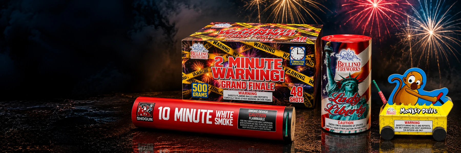Bellino and Shogun fireworks — 2 Minute Warning grand finale cake, 10 Minute White Smoke tube, Lady Liberty fountain and Monkey Drive